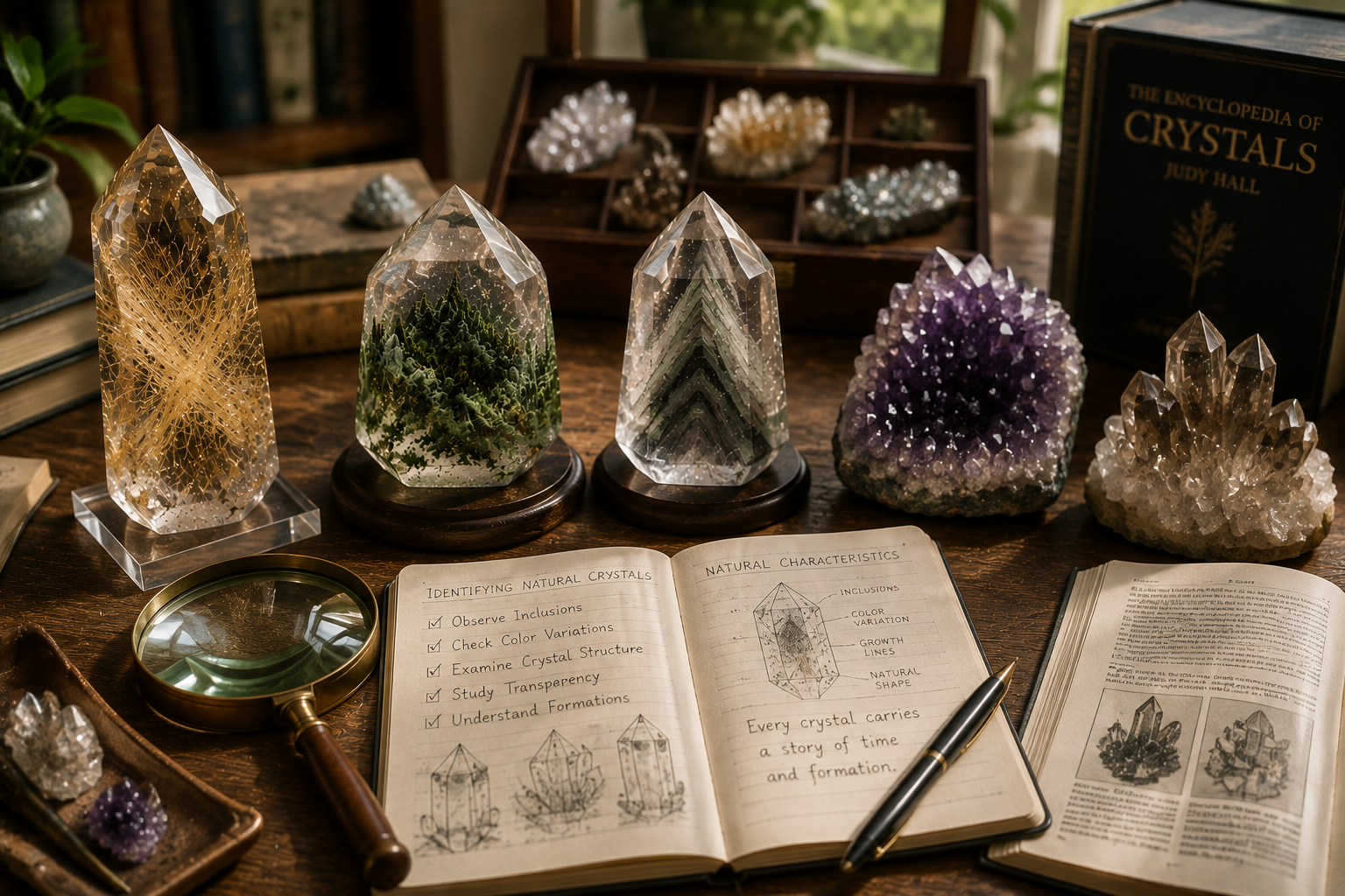 Natural crystal identification guide featuring quartz, amethyst, rutilated quartz, and included gemstones with magnifying glass and mineral study tools