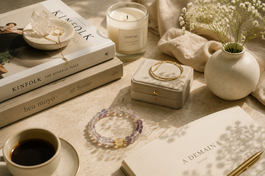 Quiet luxury jewelry displayed with natural crystal bracelet, jewelry box, linen fabric, and minimalist lifestyle elements representing timeless elegance