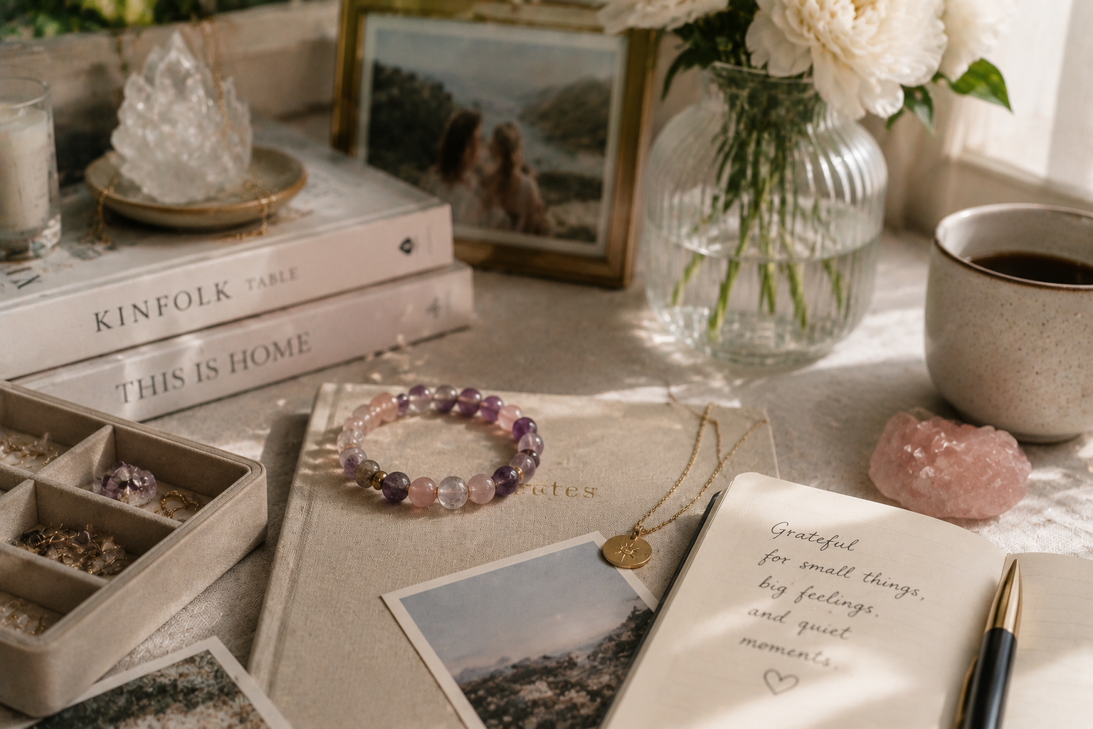 Natural crystal jewelry displayed with personal keepsakes, photographs, and a journal creating a meaningful lifestyle scene