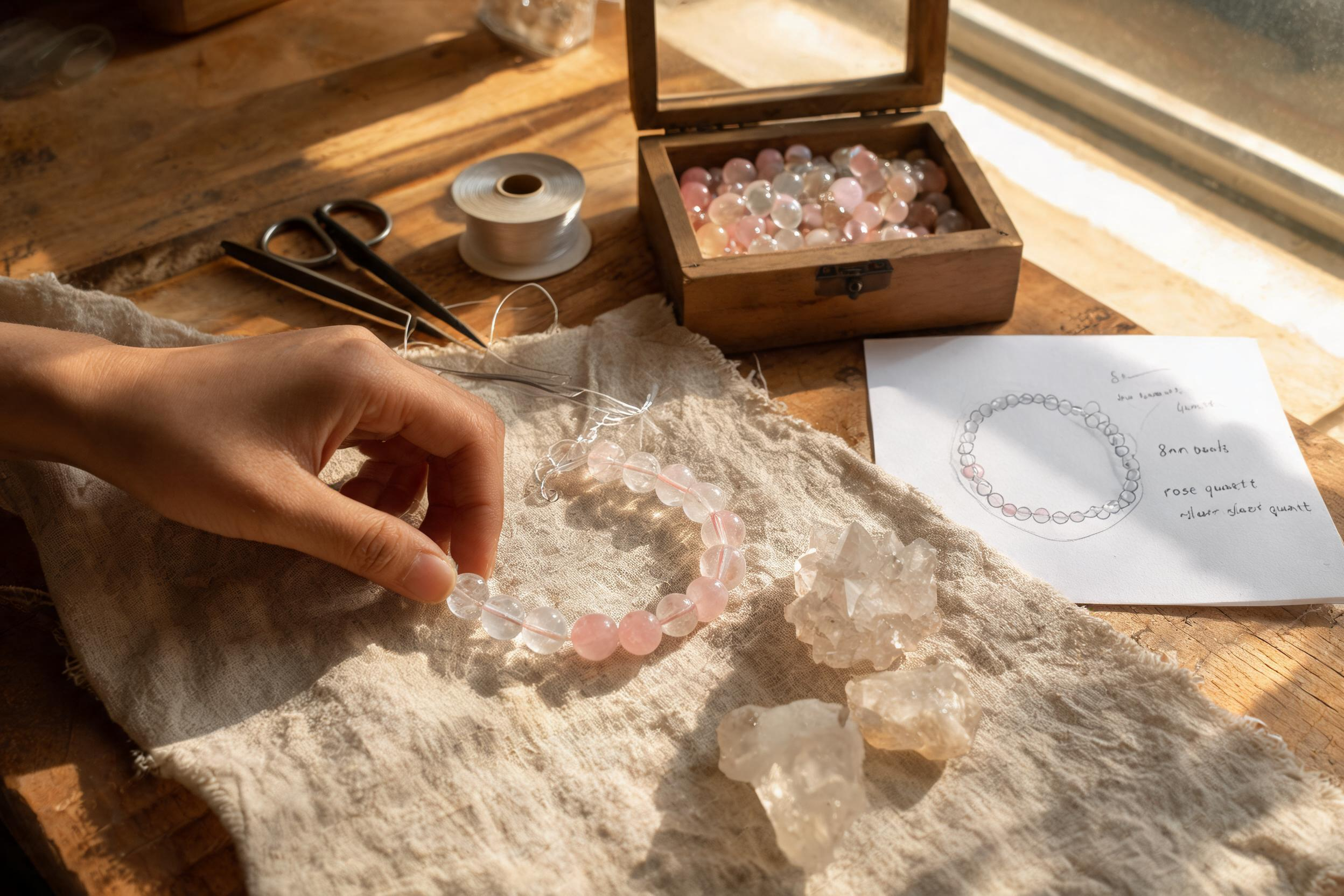 Handmade jewelry workspace featuring natural crystal bracelet, gemstones, design sketches, and artisan tools showing the value of craftsmanship