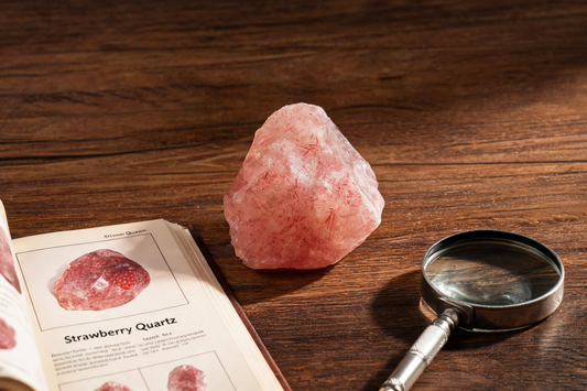 Strawberry Quartz specimen with geology book and magnifying glass representing mineral collecting and natural crystal appreciation
