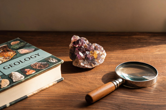 Super Seven crystal displayed with geology books and a magnifying glass, highlighting mineral collecting and natural crystal appreciation