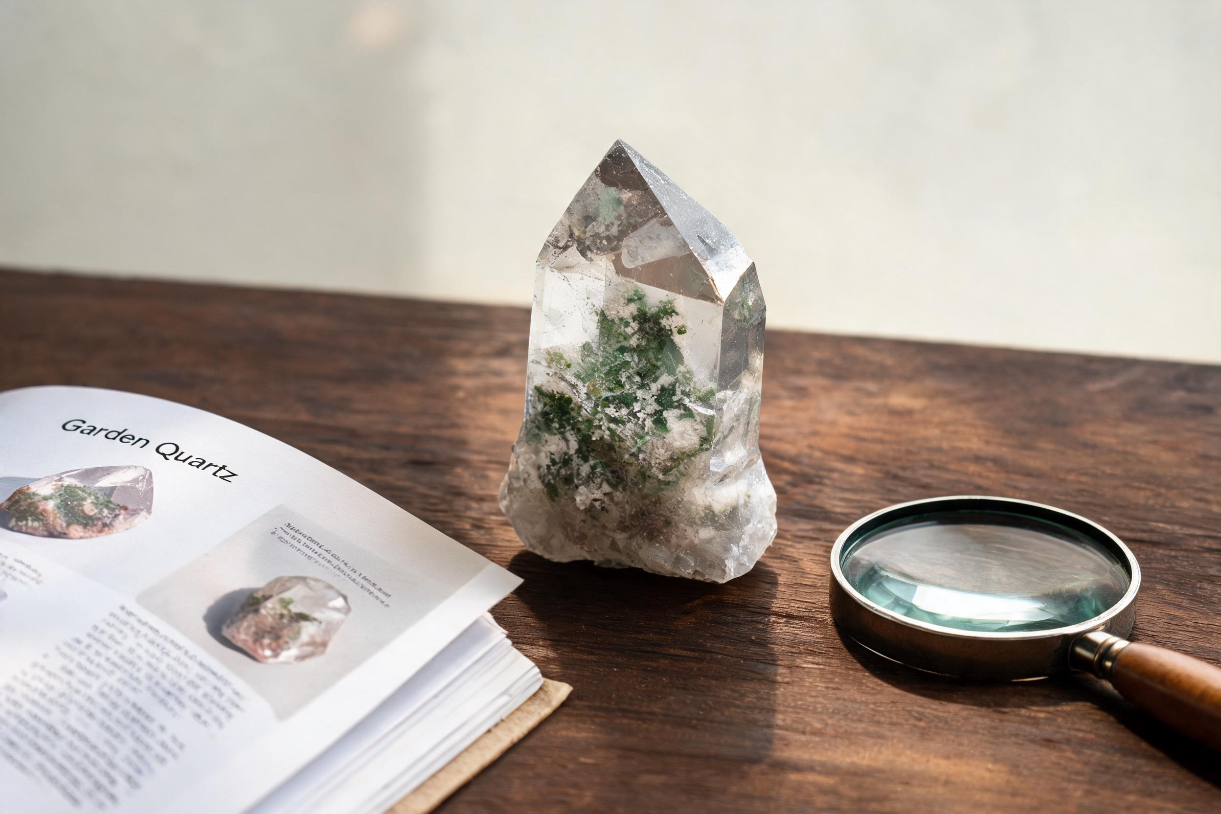 Garden Quartz specimen with geology book and magnifying glass representing mineral collecting and appreciation of natural crystal landscapes