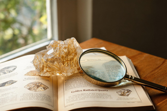 Golden Rutilated Quartz specimen beside a geology book and magnifying glass representing mineral collecting and natural appreciation