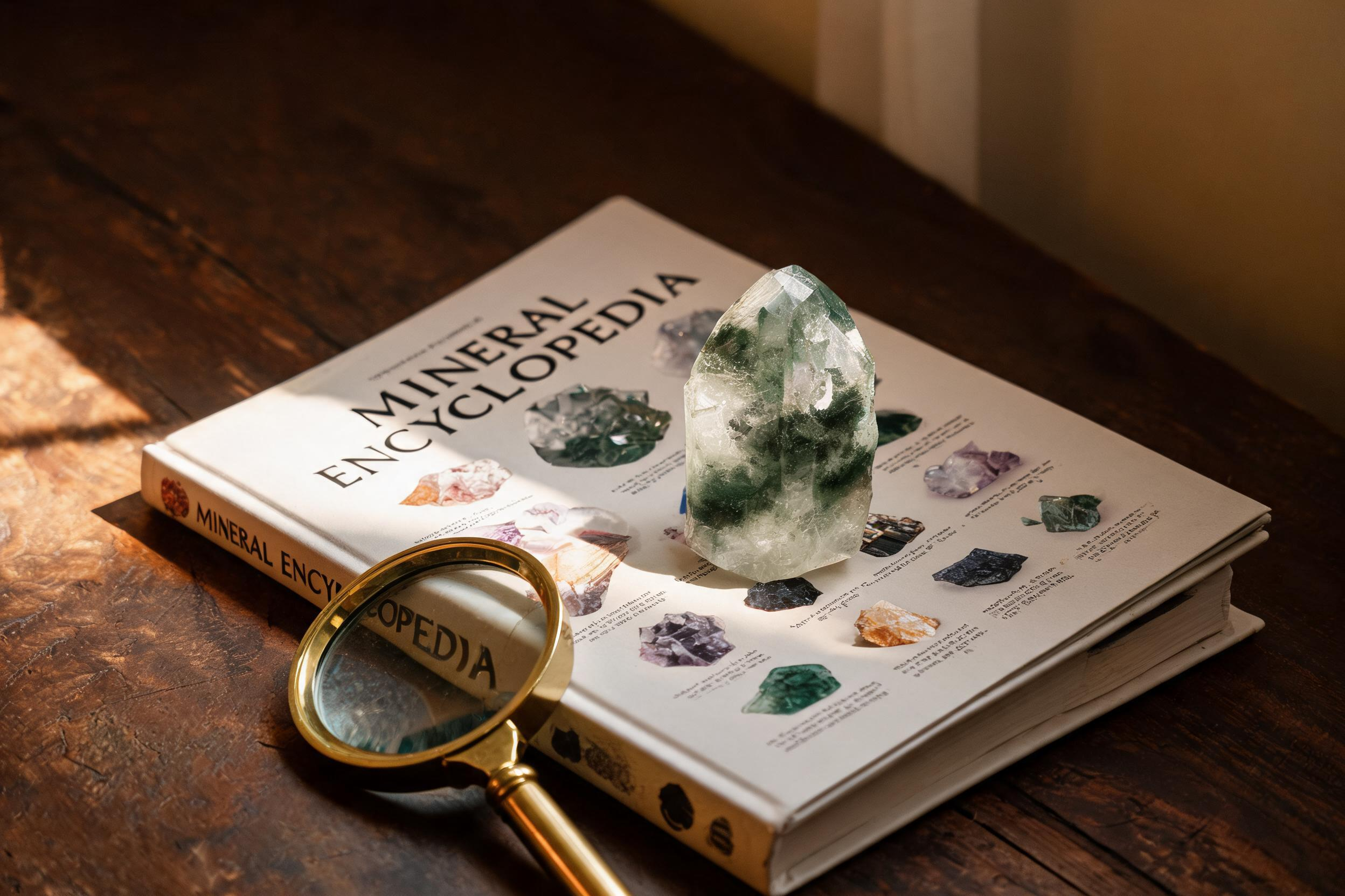 Green Phantom Quartz specimen beside a geology book and magnifying glass representing mineral collecting and natural crystal appreciation