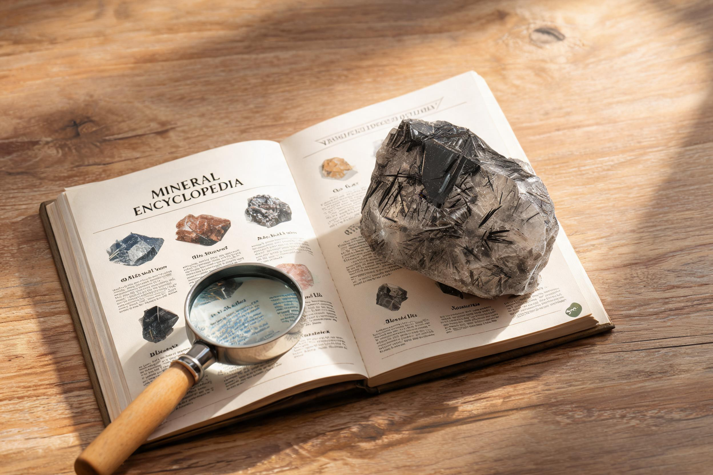 Black Rutilated Quartz specimen with geology book and magnifying glass representing mineral collecting and natural crystal appreciation