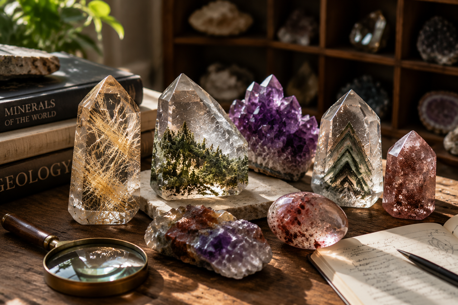 Rare crystal collection featuring natural gemstone specimens with unique inclusions and geological formations
