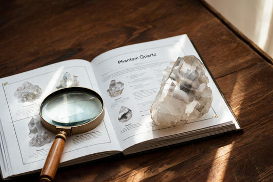 Phantom Quartz specimen beside a geology book and magnifying glass representing mineral collecting and appreciation of natural crystal formations