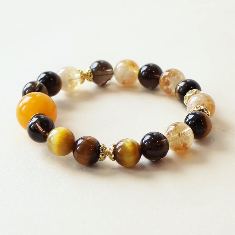 Solar Shield Tiger Eye Smoky Quartz Yellow Tower Crystal bracelet with natural crystal beads and beeswax design