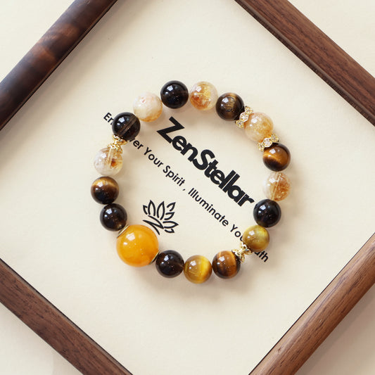 Solar Shield dark crystal AI Companion Bracelet displayed with Zenstellar card, crystal energy jewelry with NFC smart connection