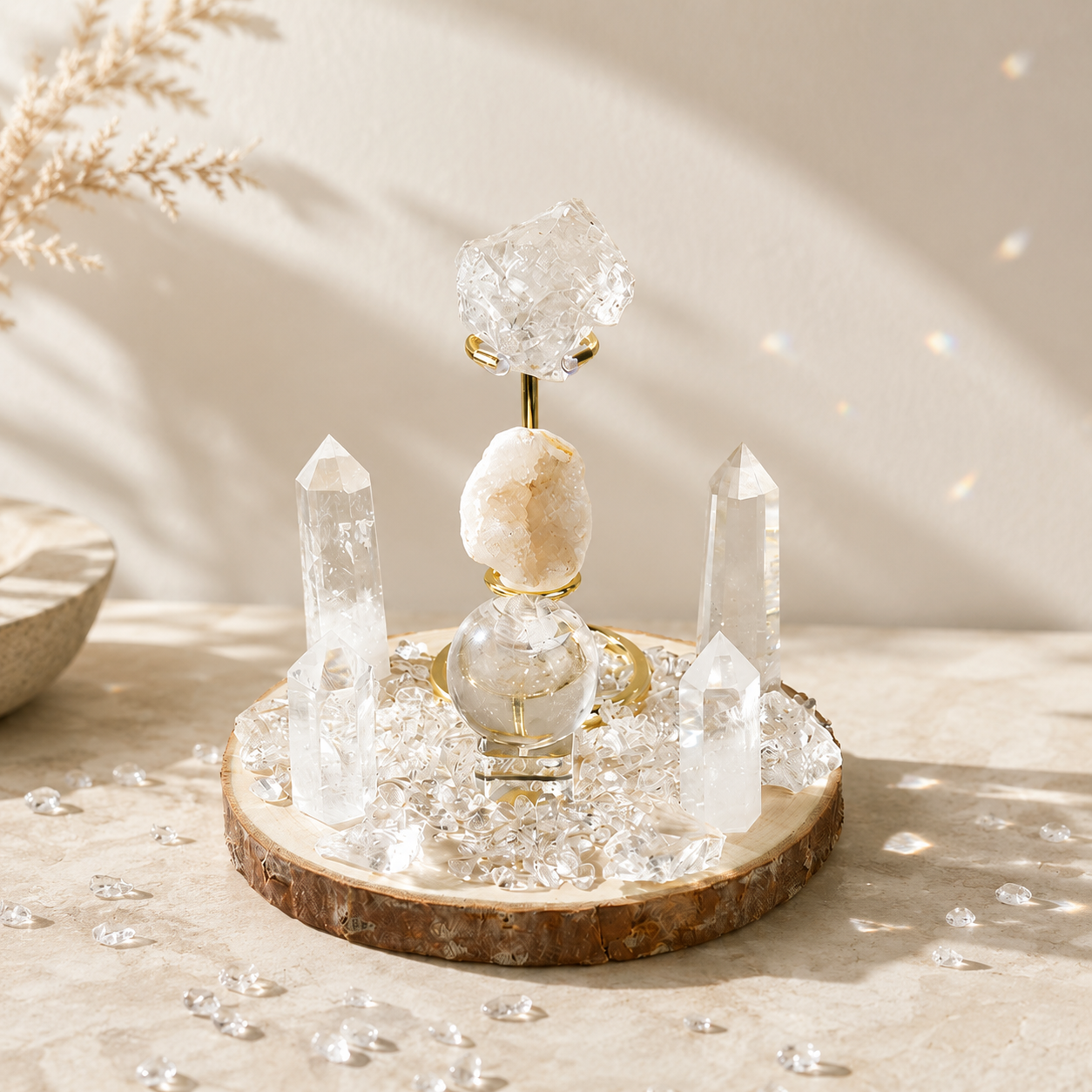 Clear Quartz crystal grid set with natural wood base and crystal points