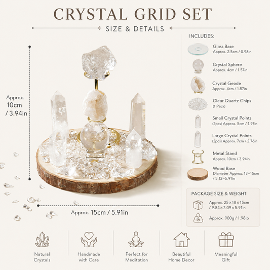 Natural crystal grid set size, dimensions and included components guide