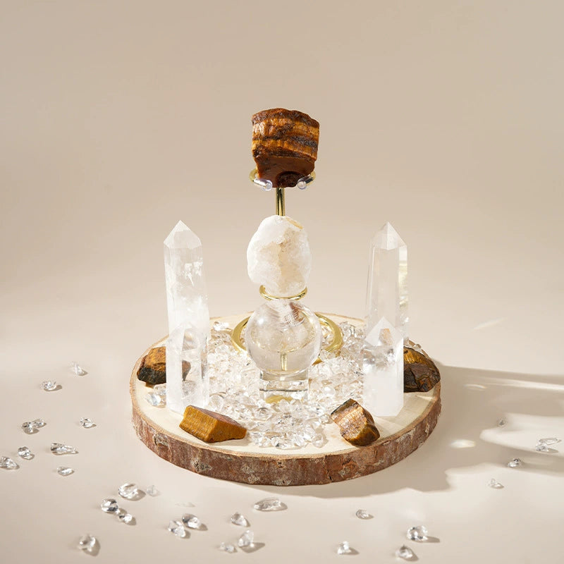 Tiger’s Eye and Clear Quartz crystal grid set with natural wood base