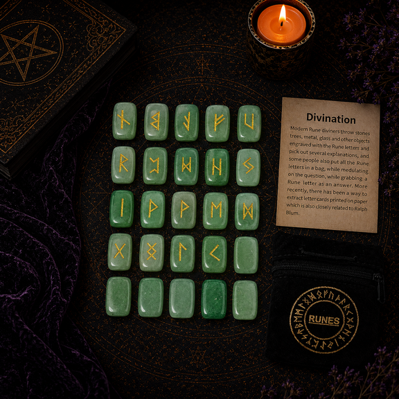 Green Aventurine rune stones set for divination with engraved gold symbols and rune pouch