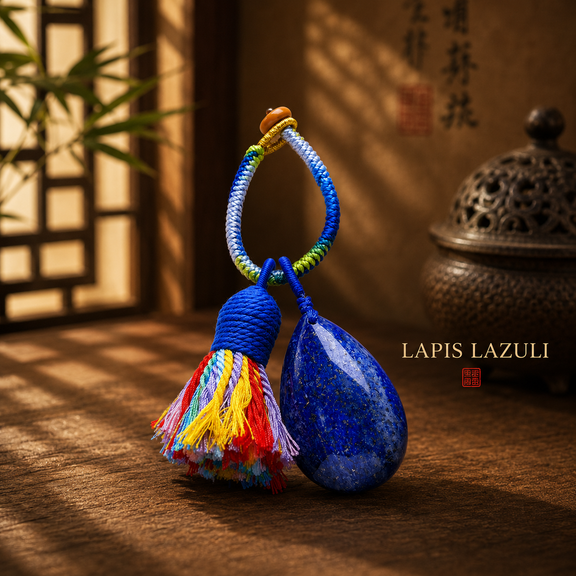 Lapis Lazuli crystal tassel bag charm with colorful handwoven cord and teardrop stone