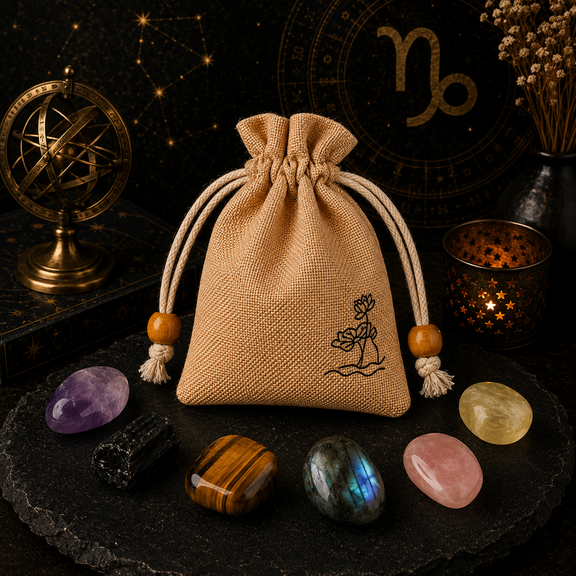 Capricorn zodiac crystal set with natural stones and drawstring pouch