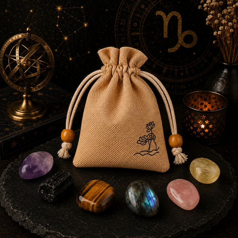 Capricorn zodiac crystal set with natural stones and drawstring pouch