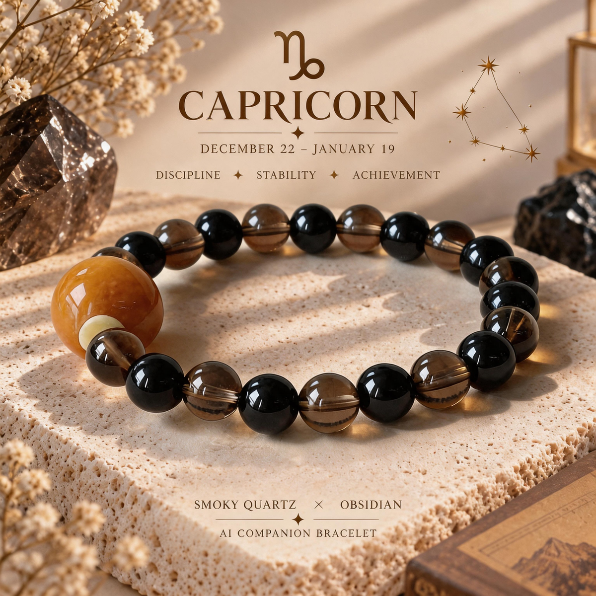 Capricorn zodiac crystal bracelet with Smoky Quartz and Obsidian AI Companion Core