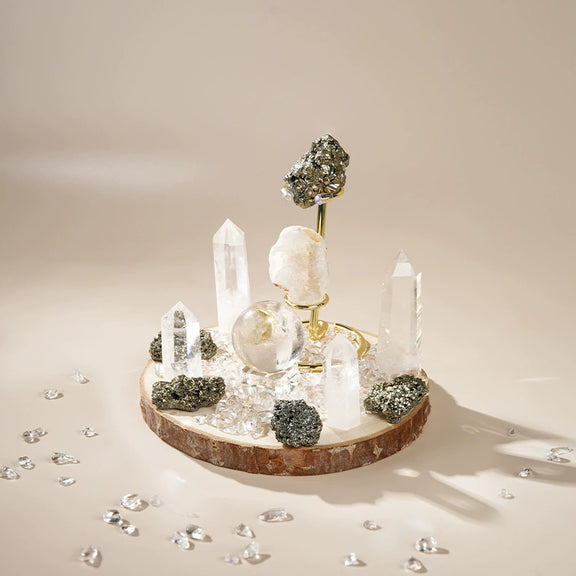 Pyrite and Clear Quartz crystal grid set with natural wood base
