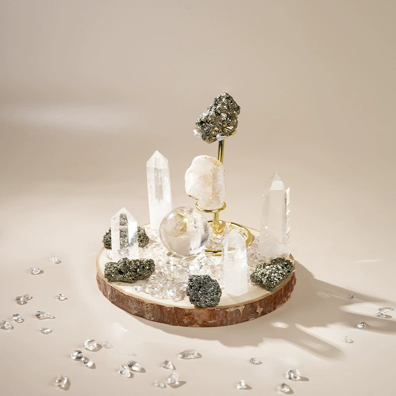 Pyrite and Clear Quartz crystal grid set with natural wood base