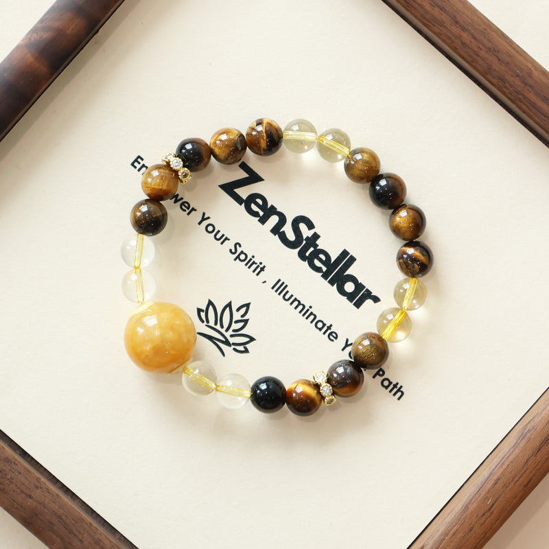 ZENSTELLAR Golden Ray AI Companion Bracelet with Tiger Eye and Citrine crystals in elegant jewelry presentation