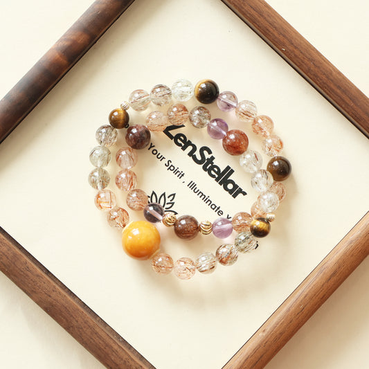 Starry Weave mixed crystal AI Companion Bracelet displayed with Zenstellar card, crystal energy jewelry with NFC smart connection