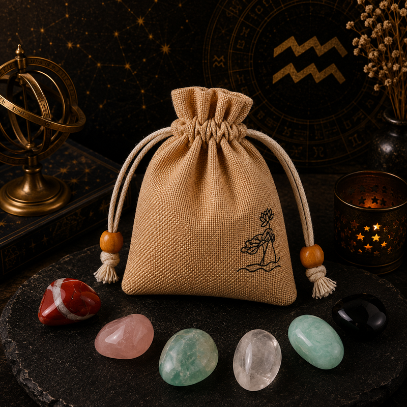 Aquarius zodiac crystal set with natural stones and drawstring pouch