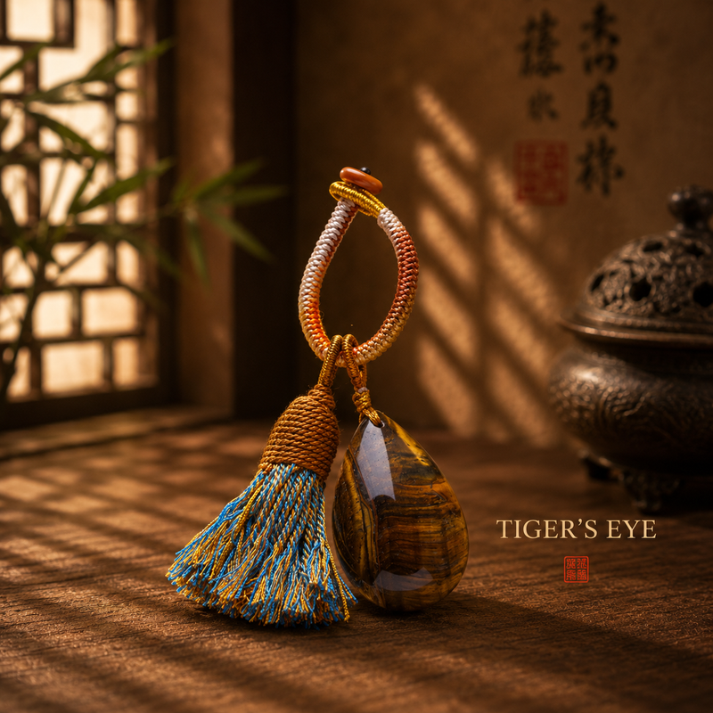 Tiger’s Eye crystal tassel bag charm with colorful handwoven cord and teardrop stone