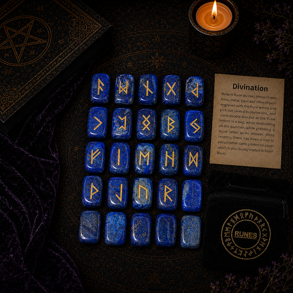 Lapis Lazuli rune stones set for divination with engraved gold symbols and rune pouch