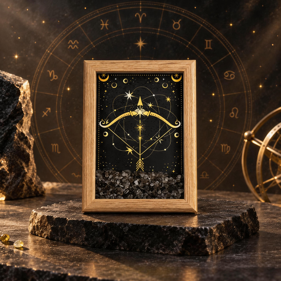 Sagittarius zodiac crystal frame with Smoky Quartz chips
