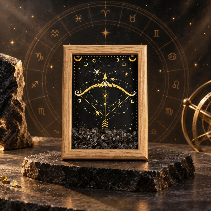 Sagittarius zodiac crystal frame with Smoky Quartz chips