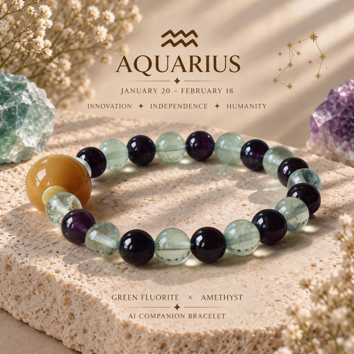 Aquarius zodiac crystal bracelet with Green Fluorite and Amethyst AI Companion Core