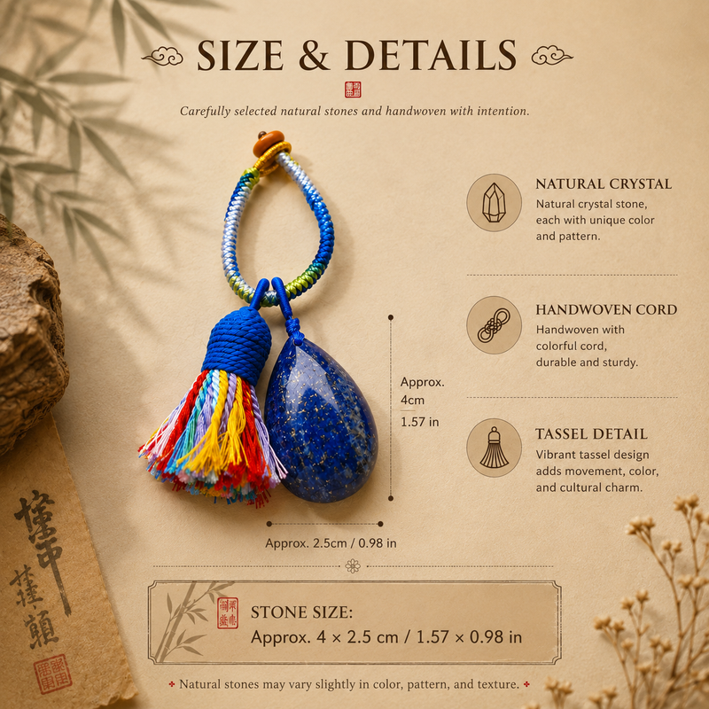 Natural crystal tassel charm size and details showing teardrop stone, handwoven cord and tassel