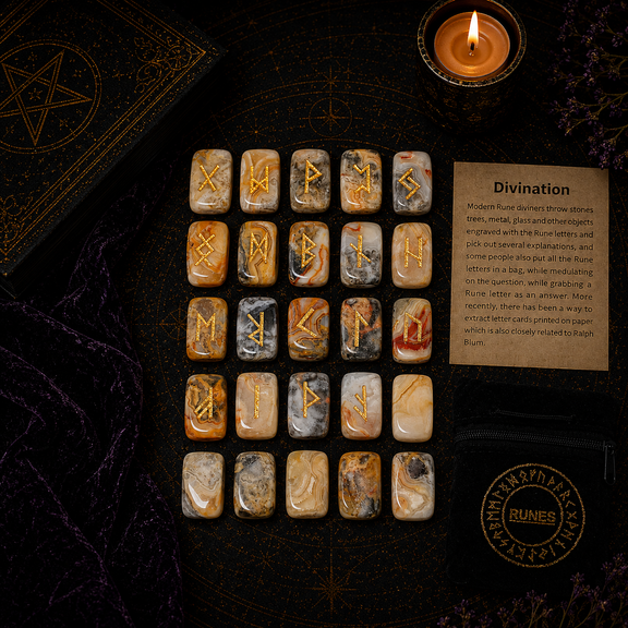 Agate rune stones set for divination with engraved gold symbols and rune pouch