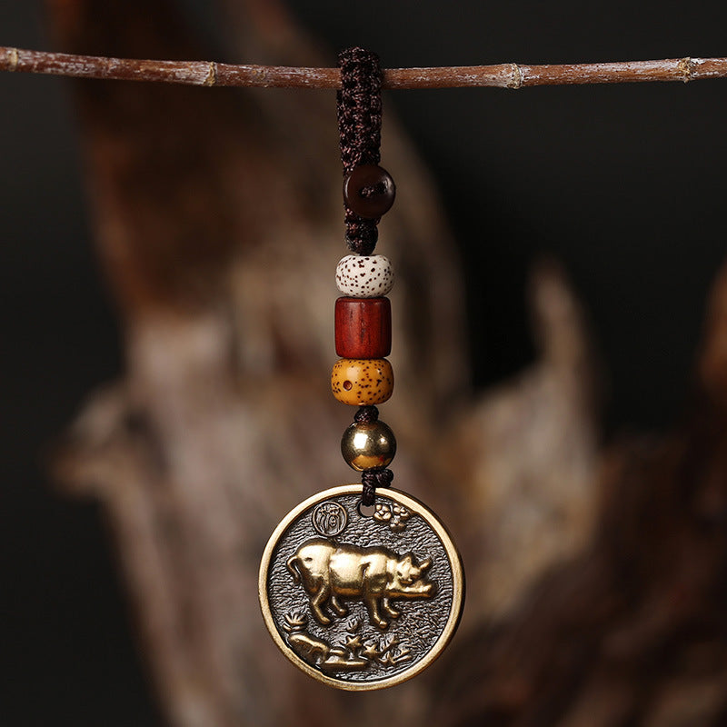 Pig Chinese Zodiac brass keychain