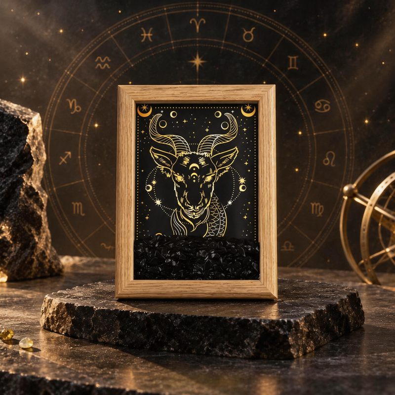 Capricorn zodiac crystal frame with Obsidian chips