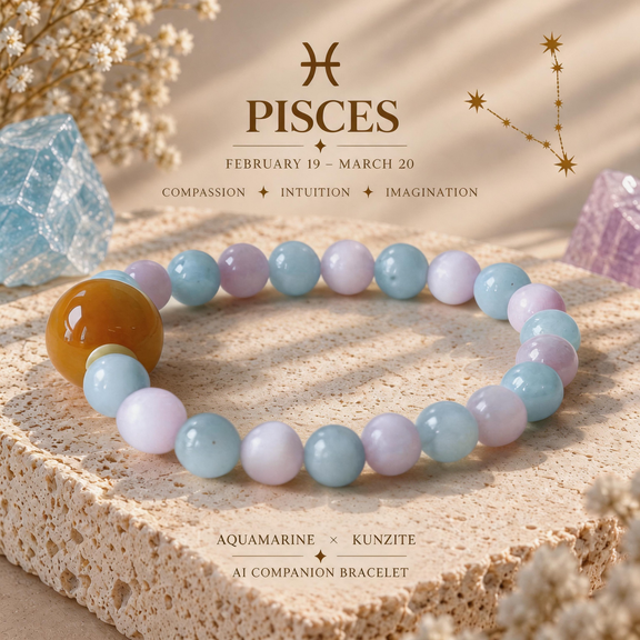 Pisces zodiac crystal bracelet with Aquamarine and Kunzite AI Companion Core