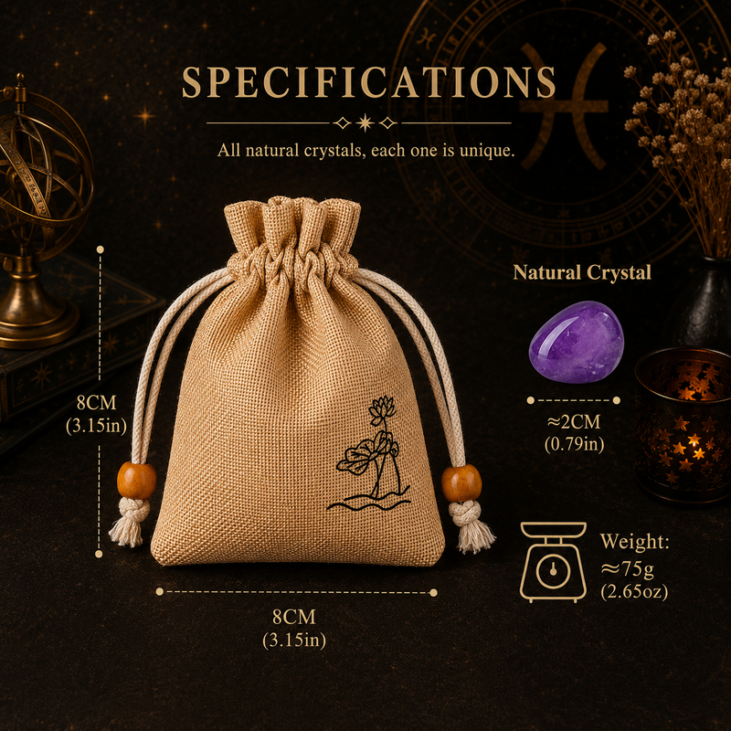 Zodiac crystal set size details with 2 cm stones and 8 cm drawstring pouch