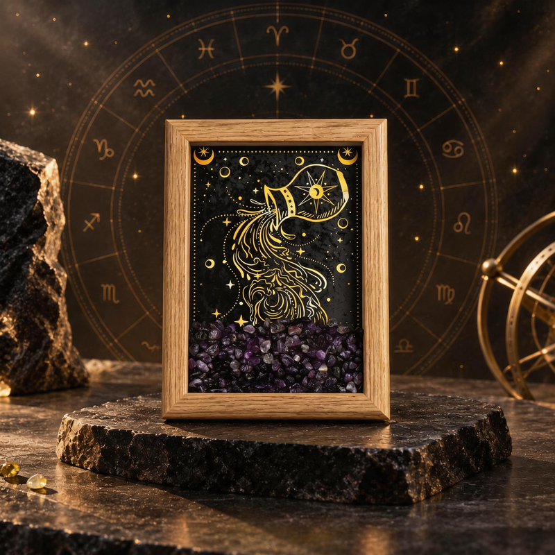Aquarius zodiac crystal frame with Amethyst chips