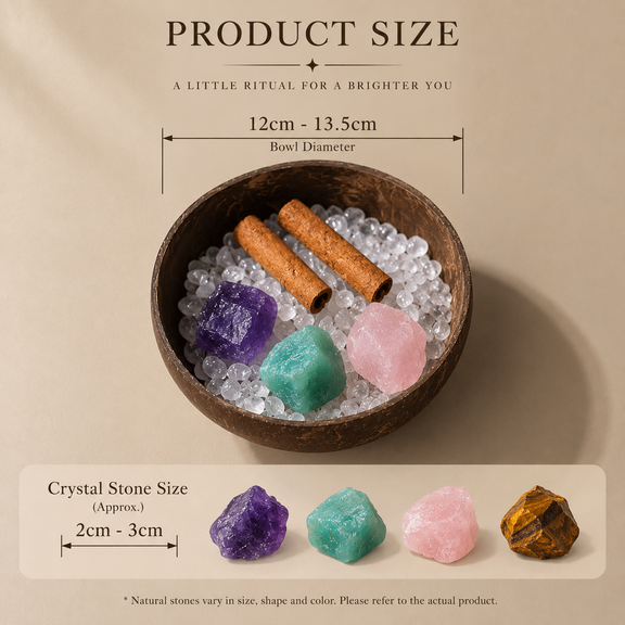 Zodiac Crystal Cleansing Kit size guide showing 12–13.5 cm coconut shell bowl and 2–3 cm natural stones