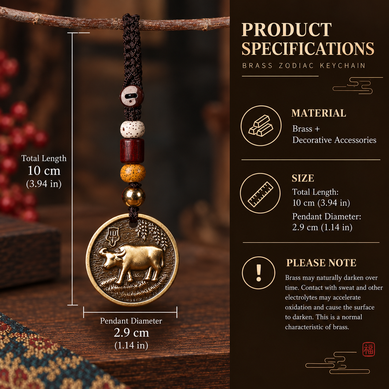 Chinese Zodiac brass keychain size and material details