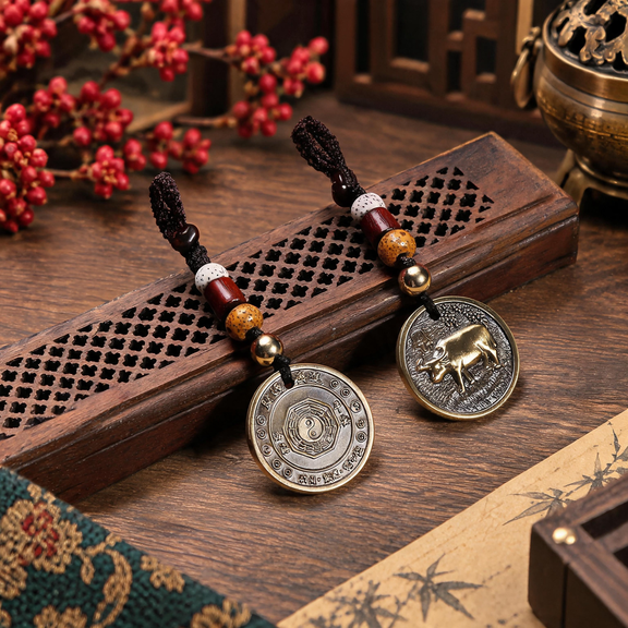 Chinese Zodiac brass keychain with double-sided zodiac pendant