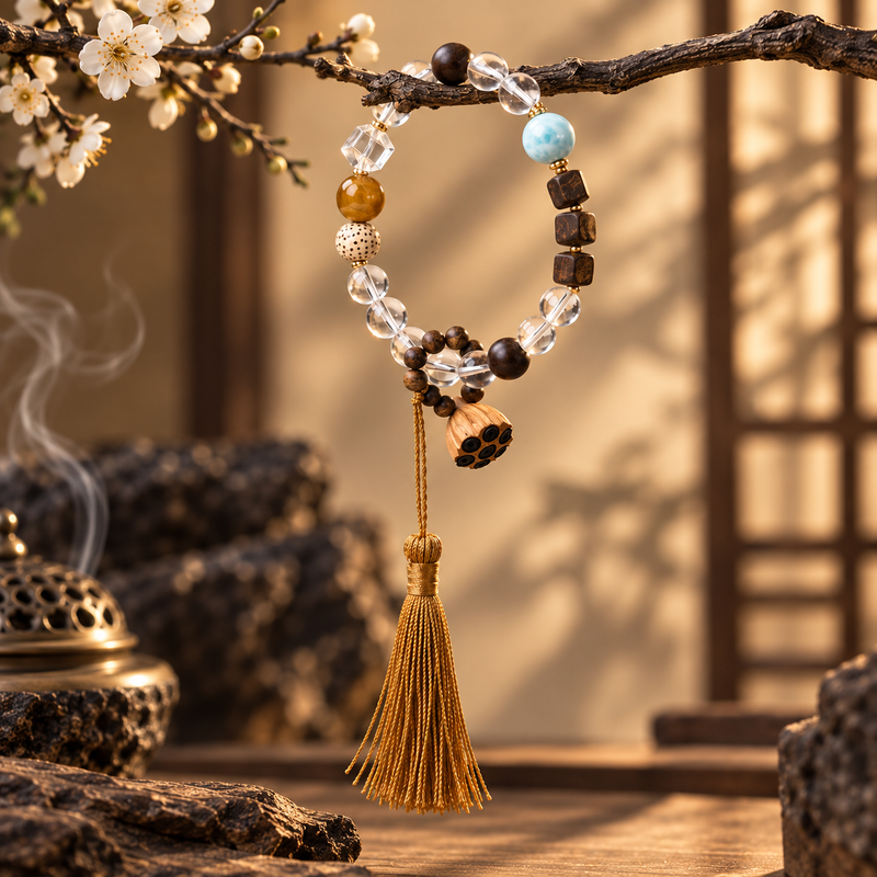 Clear quartz and Qinan agarwood bracelet with larimar and tassel