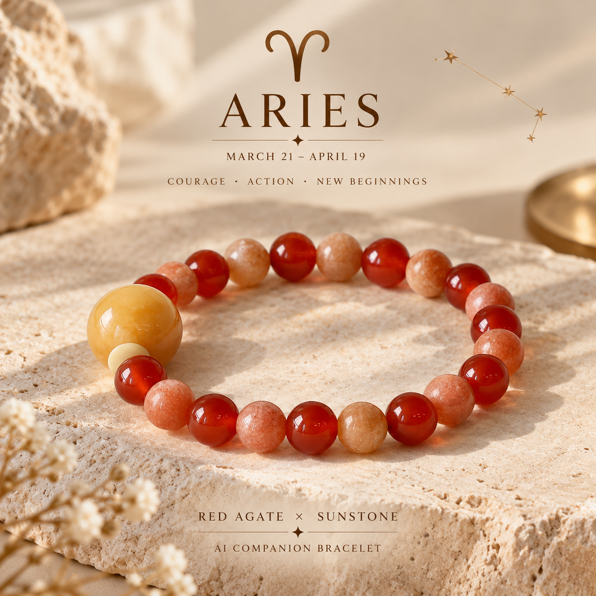 Aries zodiac crystal bracelet with Red Agate and Sunstone AI Companion Core