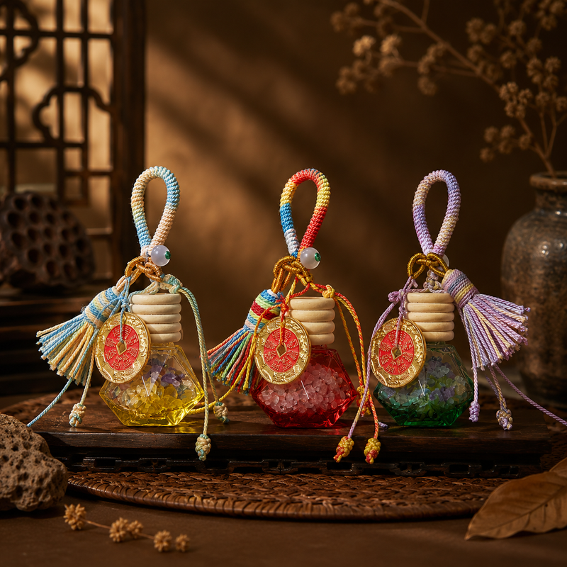 Three Five Elements crystal wishing bottle charms with colorful tassels and Shan Gui coins