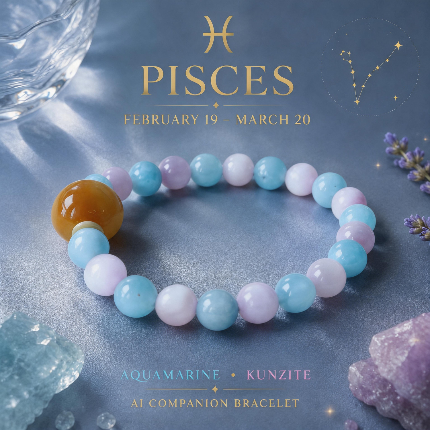 Pisces zodiac crystal bracelet with Aquamarine and Kunzite AI Companion Core