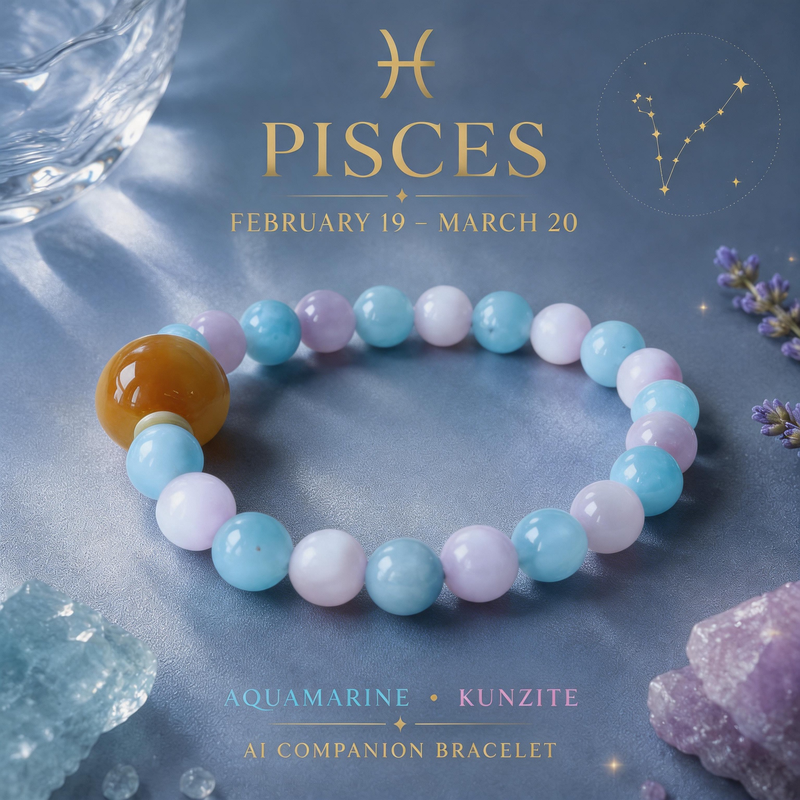Pisces zodiac crystal bracelet with Aquamarine and Kunzite AI Companion Core