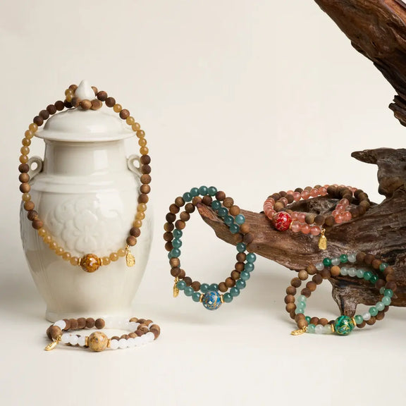 Wu Xing Five Elements Qinan agarwood and natural stone double-wrap bracelets