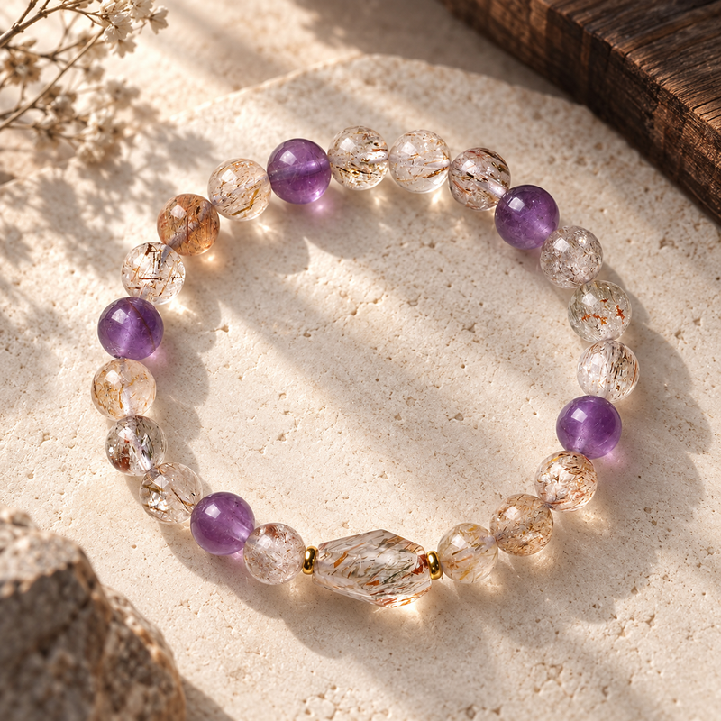 Black Gold Super Seven and Amethyst natural gemstone bracelet