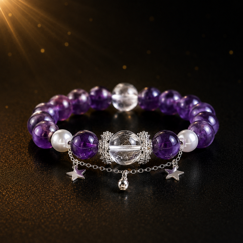 Amethyst bracelet with clear quartz centerpiece, shell pearl accents and silver star charms